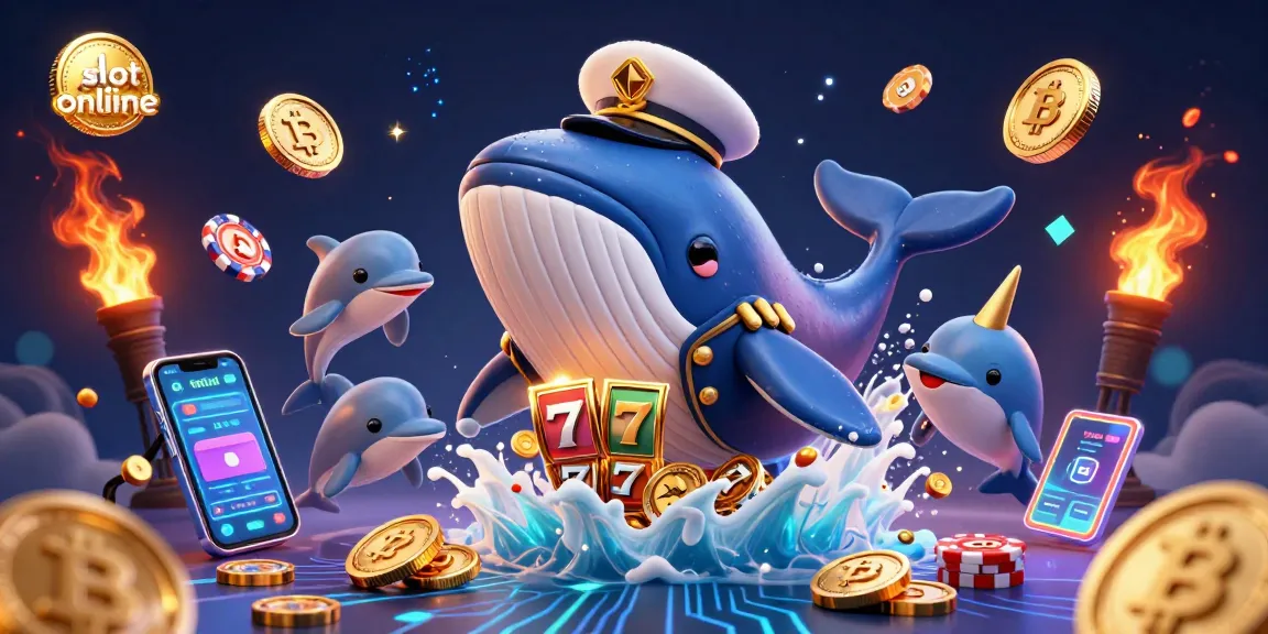 Experience the thrill of slot online with an enchanting scene of a whale and friends amidst crypto coins and jackpots.