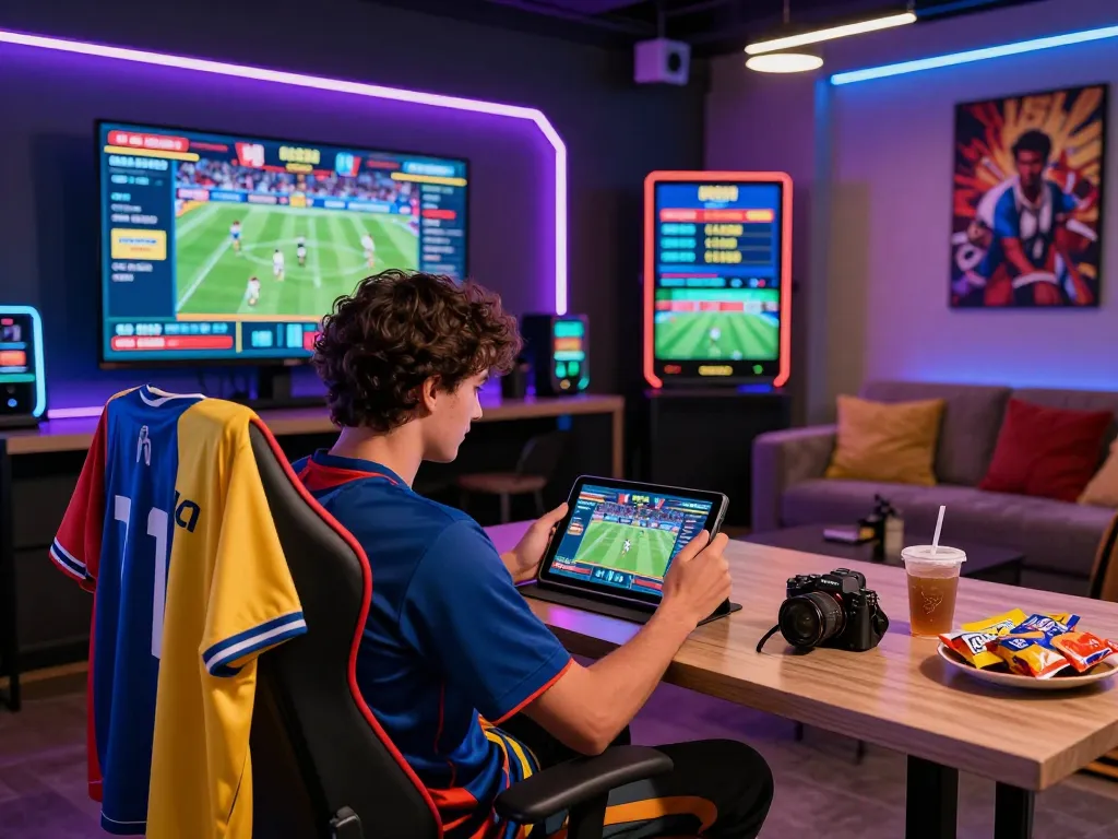 Energetic online betting scene showcasing Fabet with a sports enthusiast engaging live, vibrant atmosphere and modern setup.