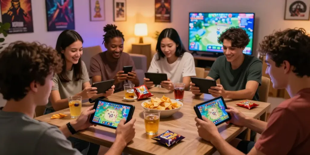 Friends enjoying Rumble Rummy on mobile devices in a cozy gaming setup.