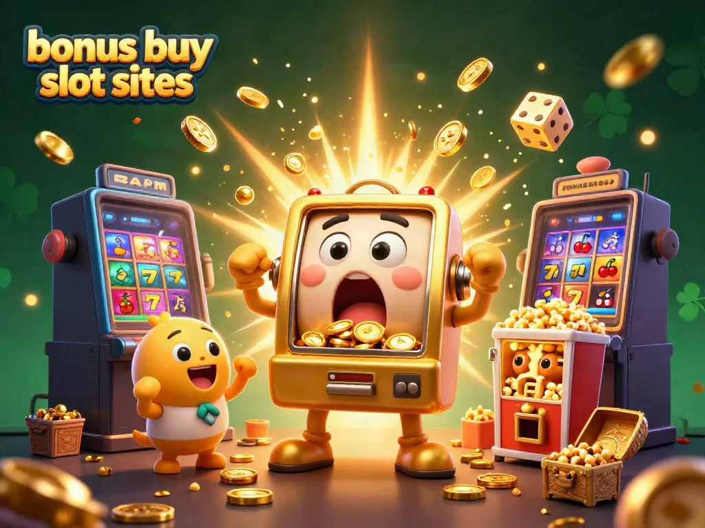 Experience thrilling gameplay with bonus buy slot sites featuring a vibrant 3D cartoon slot machine scene.