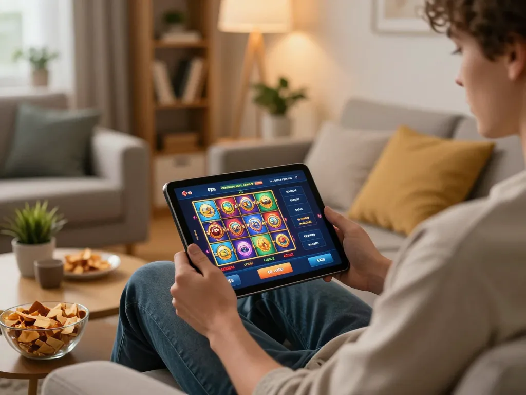 Engaging with the f168 mobile casino app in a cozy home setting with vibrant slot machines.