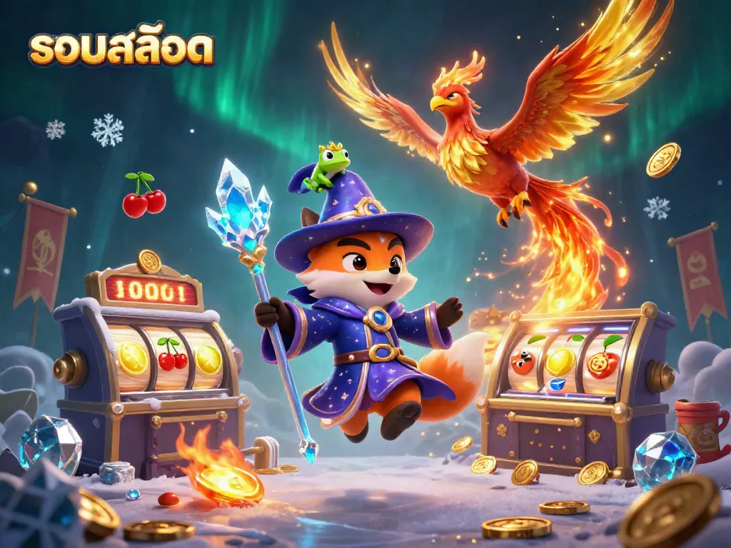 Experience the magic of รวมสล็อต with a mystical fox wizard and phoenix, spinning slot reels.