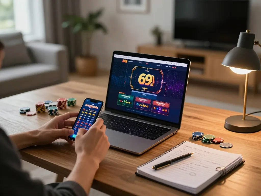 Engaging scene of a player using 69vn for online betting in a cozy home gaming environment