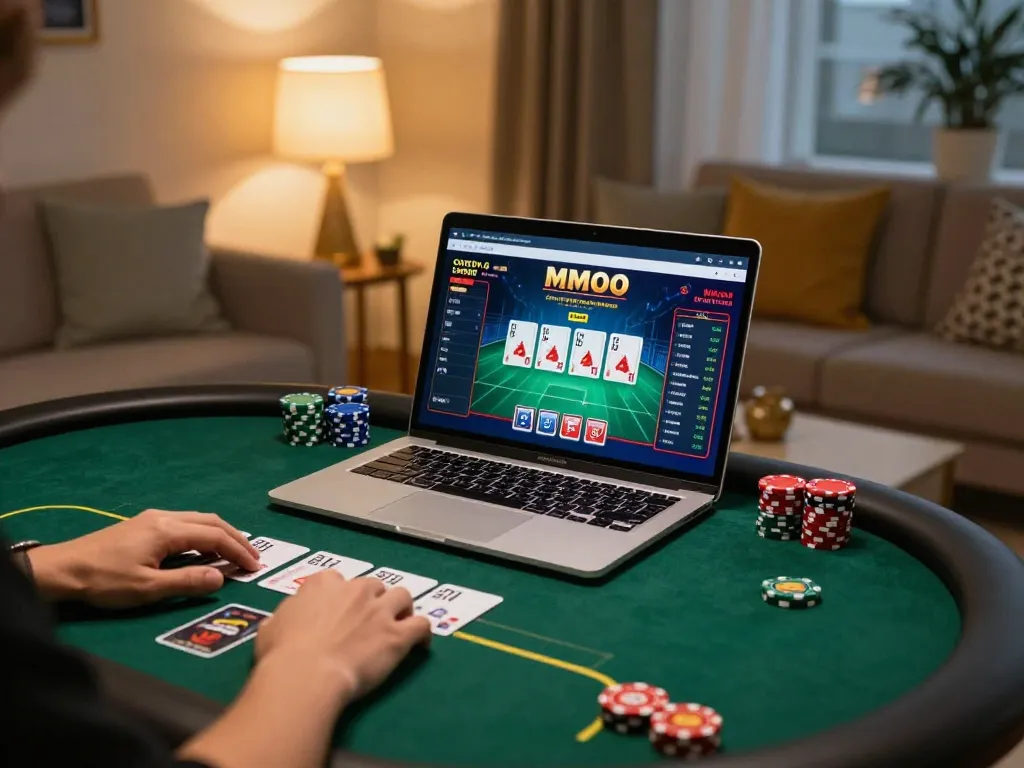 Engaging with MMOO online casino platform from a comfortable home setup during an evening gaming session
