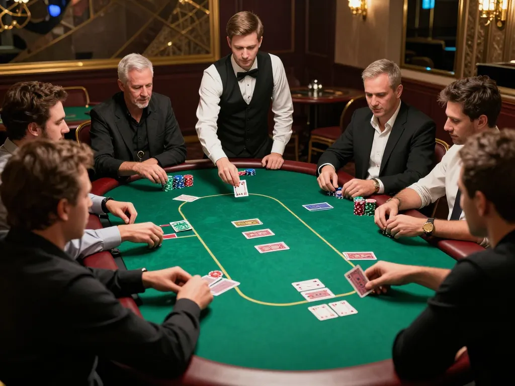 Pemain BJO88 yang terfokus dalam pengambilan keputusan strategis di meja poker taruhan tinggi di kasino mewah.