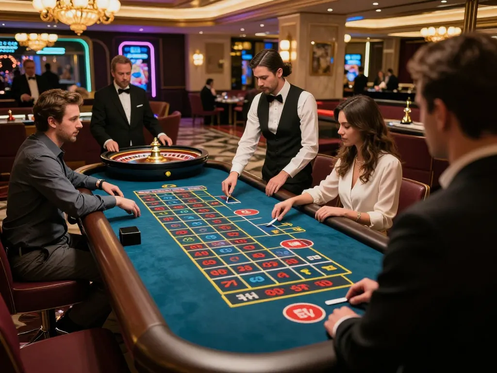 FC88 players engaging at roulette table, vibrant casino atmosphere with exciting bets.