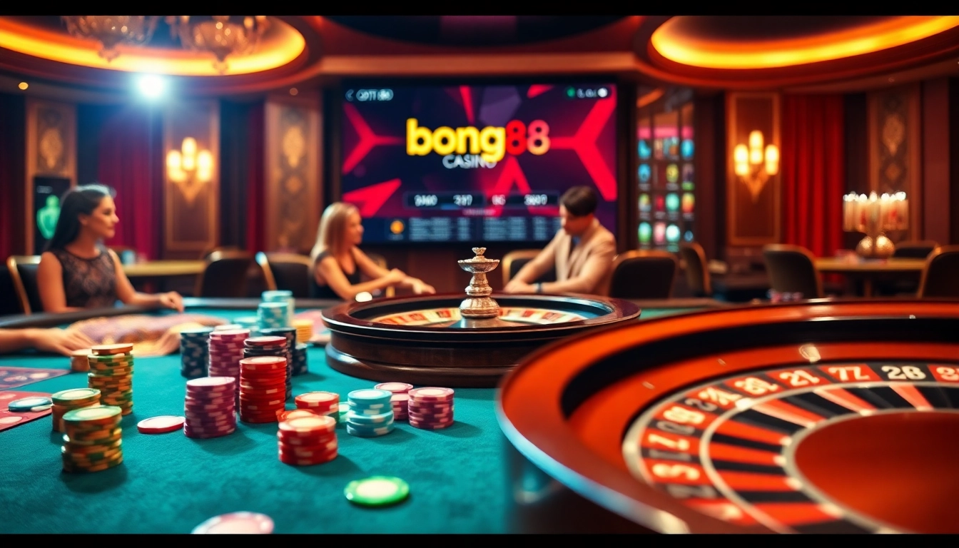 Experience the thrill of https://bong88.casa/ with an exciting casino scene showcasing vibrant poker chips and a roulette wheel.