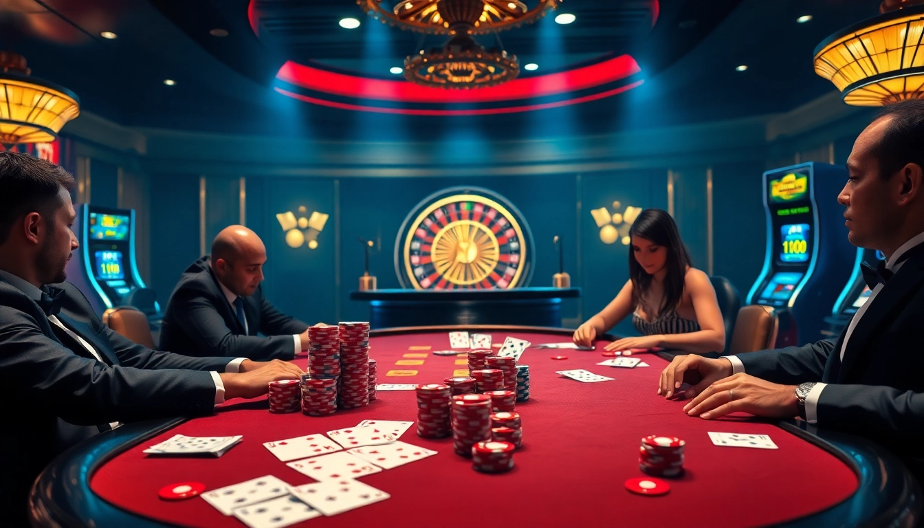 Okking players engaging in a thrilling poker game at a luxurious casino table.
