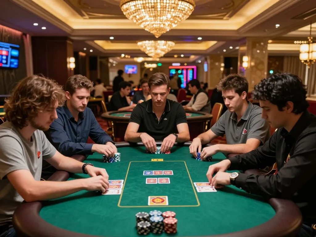 Players strategizing in an intense poker game at SC88 casino, showcasing excitement and tension.