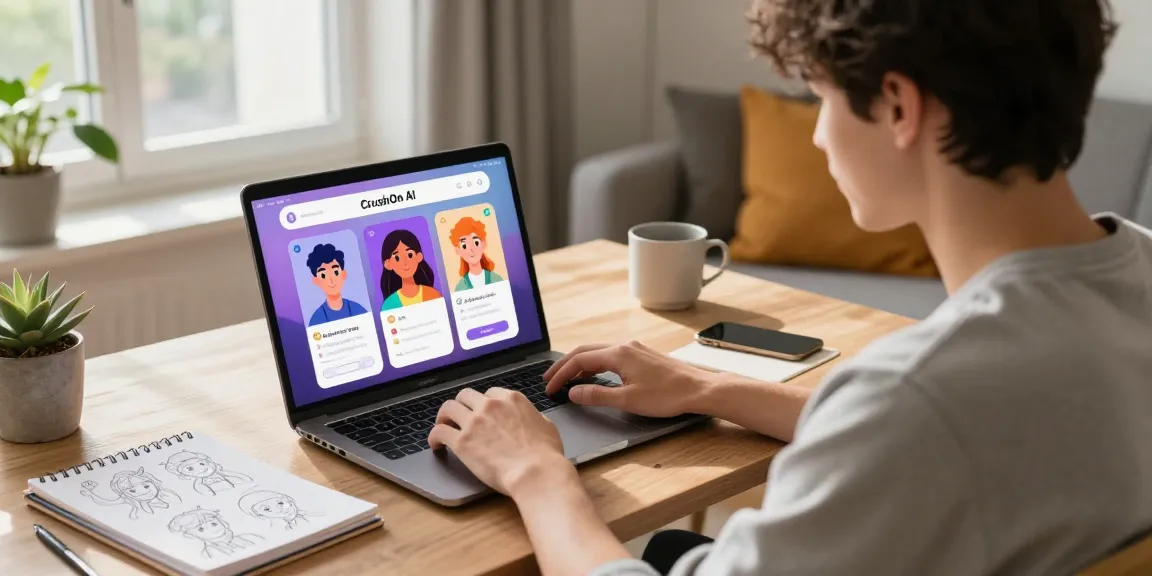 User interacting with CrushOn AI chatbot in a modern home office, showcasing a vibrant digital interface and personalized decor.
