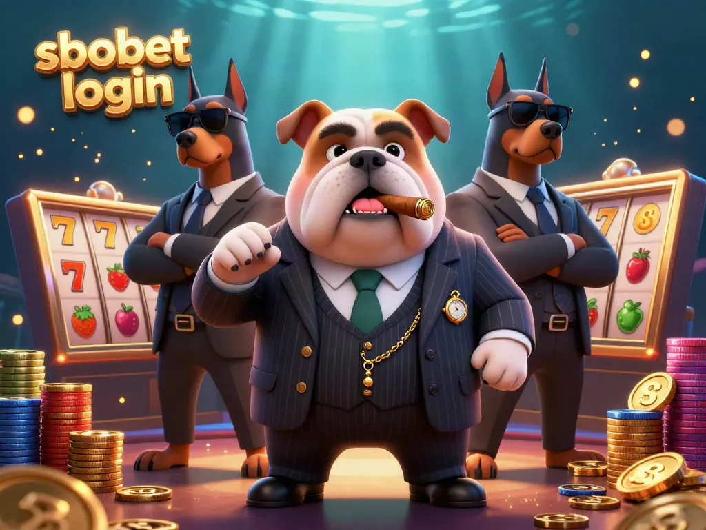 Engage with sbobet login through thrilling casino adventure, featuring a mafia dog in a vibrant, energetic scene.