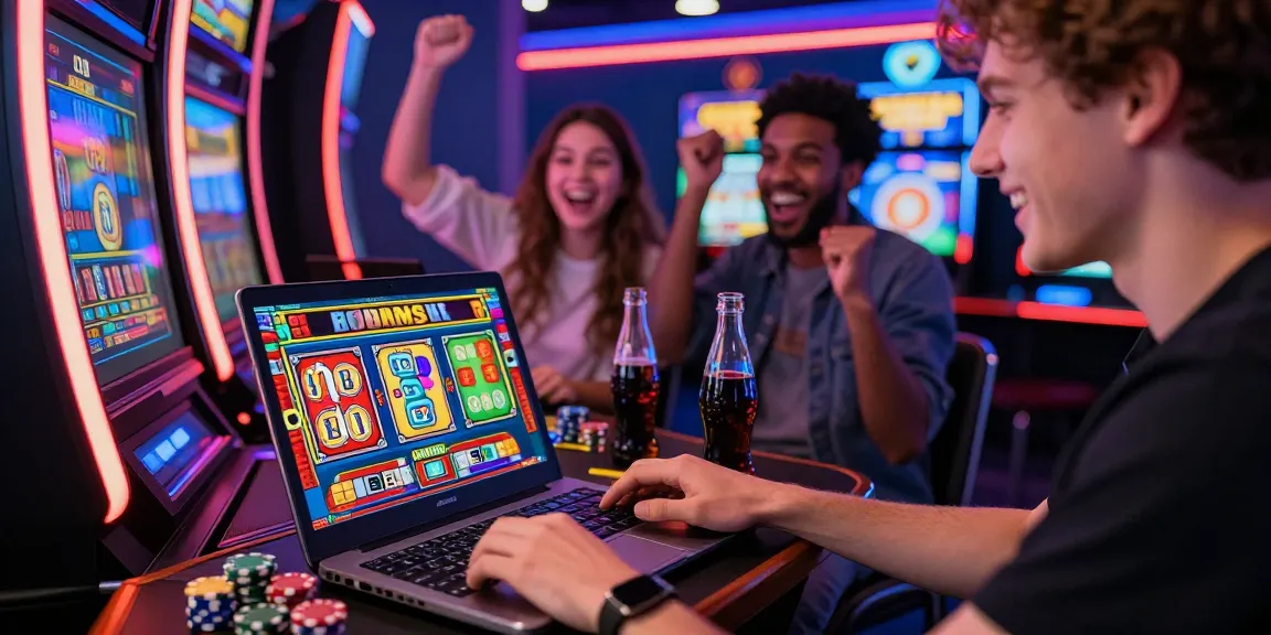 Exciting moment playing bonus buy slots at an online casino with friends, vibrant graphics on screen and lively atmosphere.