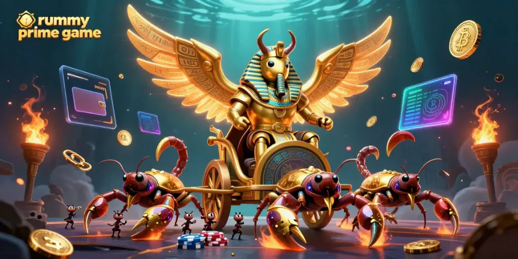 Immerse in the rummy prime game with dynamic characters and vibrant visuals of golden scorpions and crypto coins.