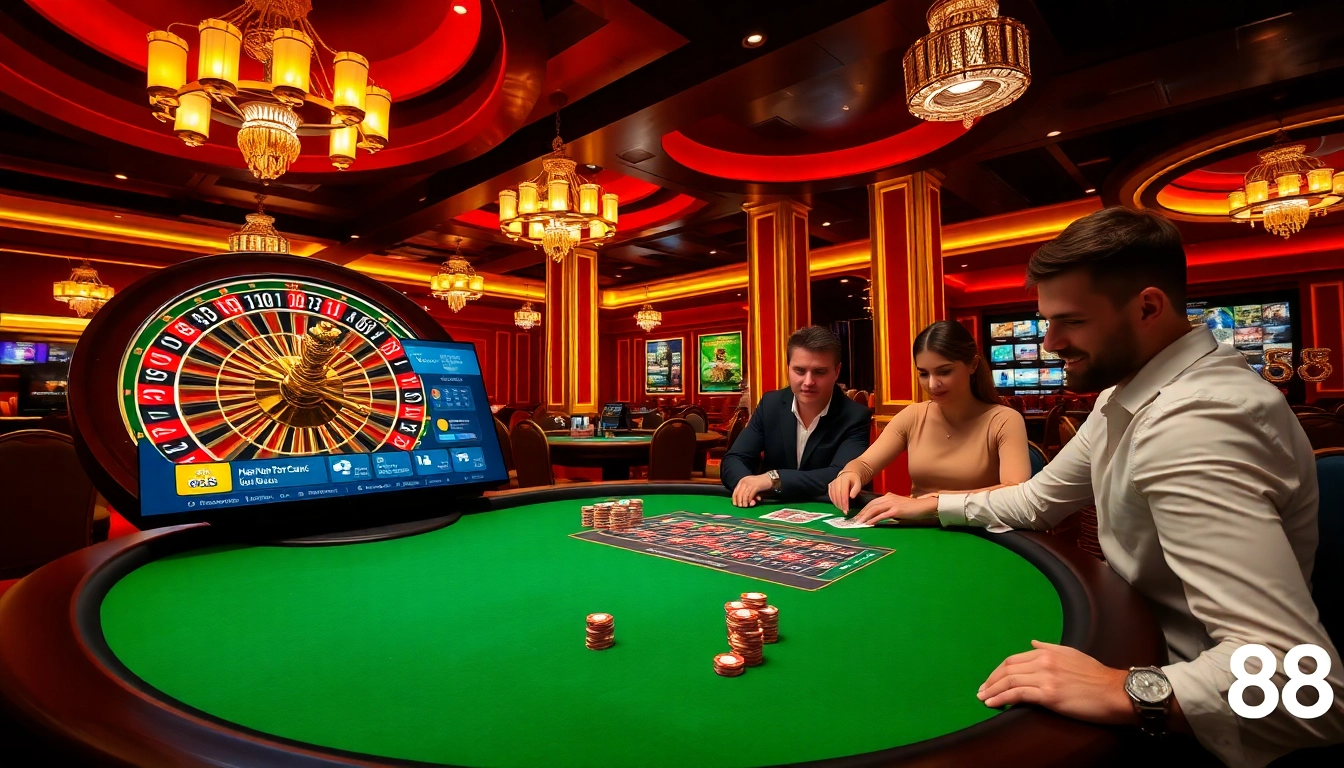 Players strategizing at a luxurious Go88 casino table, showcasing excitement and high stakes.