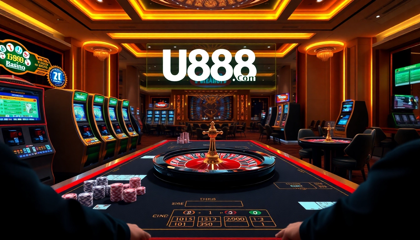 Experience the thrill of U888 Com with a luxurious casino setting featuring poker chips and a roulette wheel.
