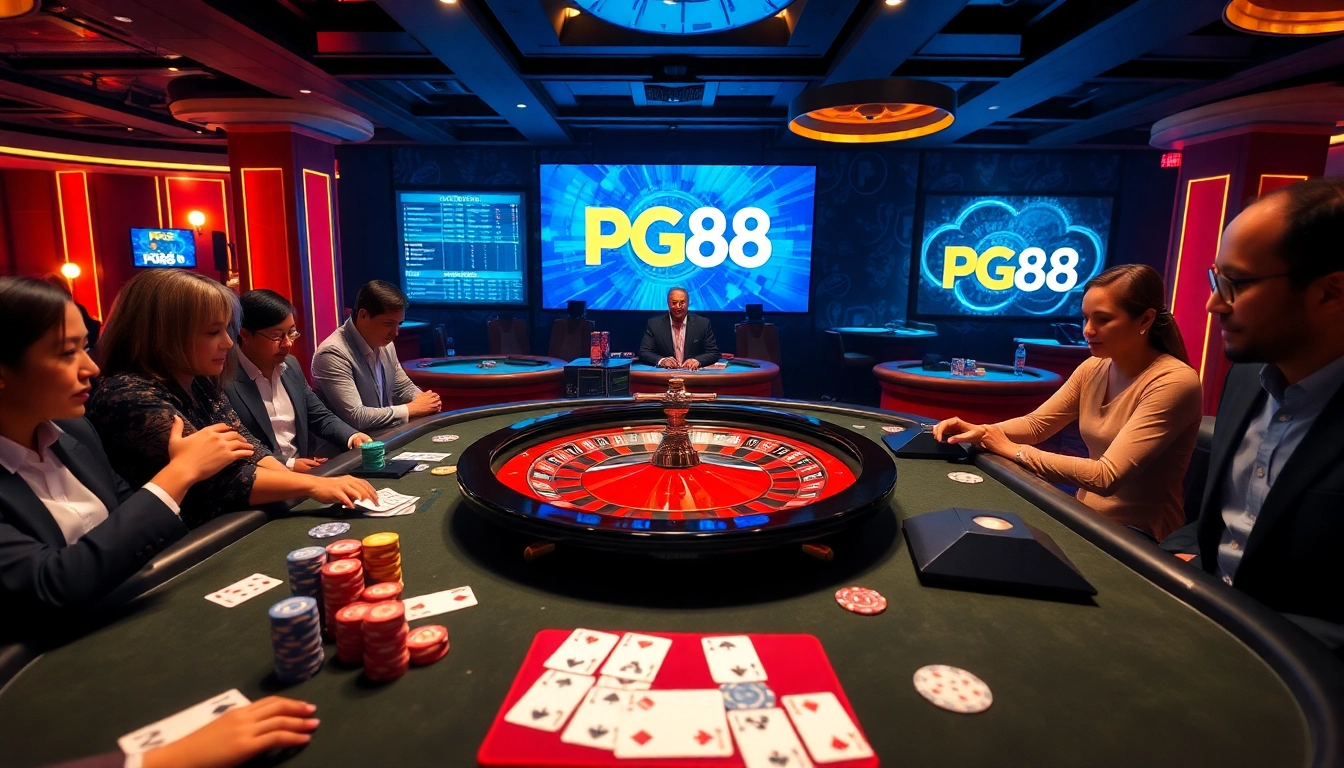Players enjoying a thrilling game at PG88 casino with vibrant casino elements.