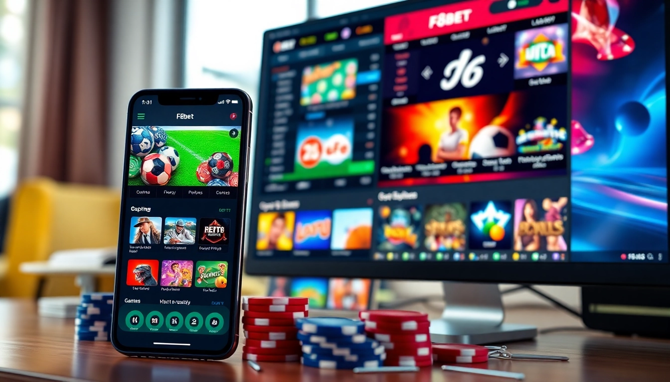 Exciting online gaming interface of F8BET showcasing diverse betting options on smartphone and desktop.