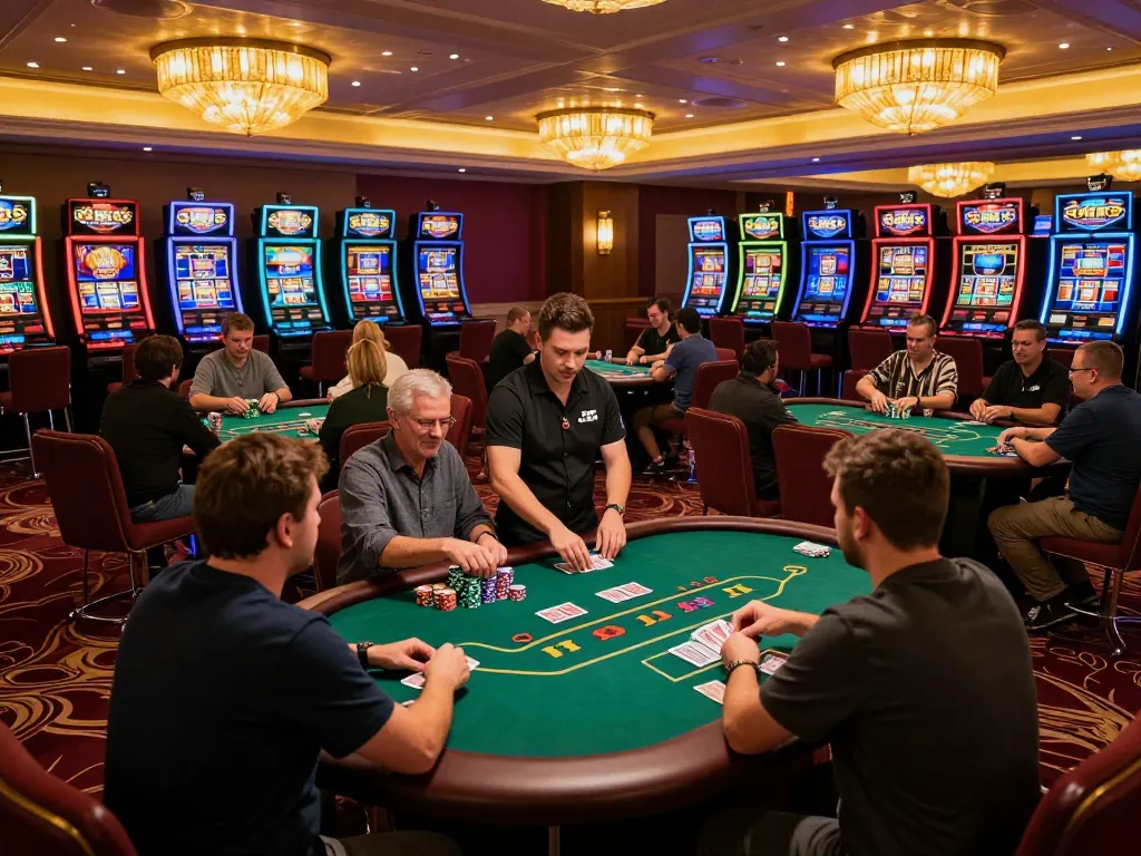 Pemain menikmati permainan poker yang mengasyikkan di kasino KING55 dengan dekorasi yang cerah dan suasana yang dinamis.
