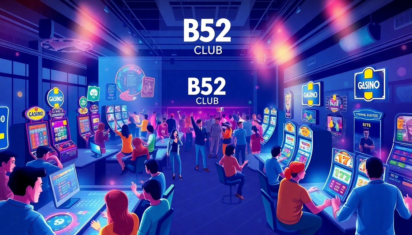 B52 Club online gaming scene with diverse players enjoying live casino and slot games.