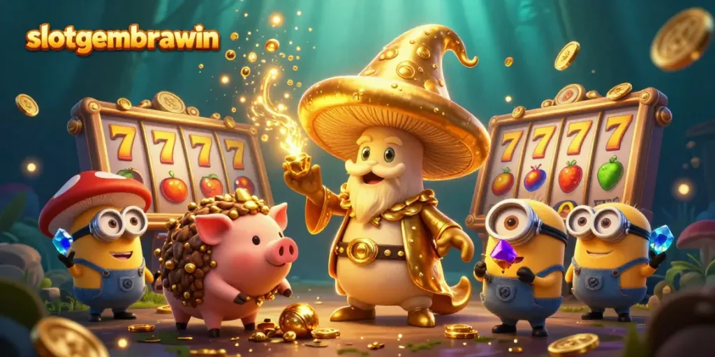 Experience the thrill with slotgembirawin as magical characters reveal golden treasures and slot reels in a dynamic casino scene.
