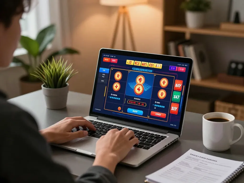 Engaging scene showing a user at https://sc88.games/ playing casino games on a laptop in a cozy home setup.