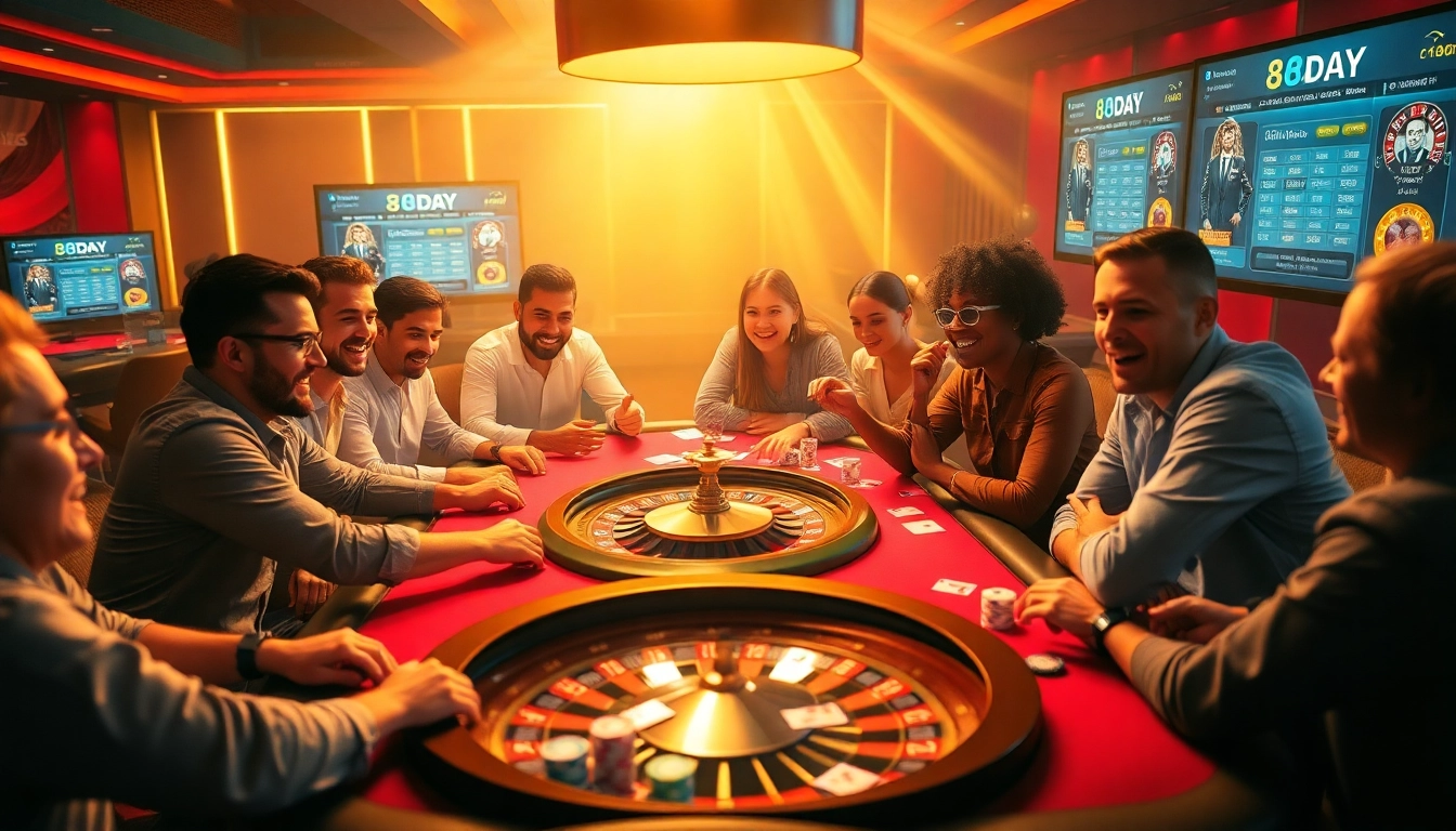 Experience the thrill of 8DAY with an engaging casino scene filled with excited players at a poker table.