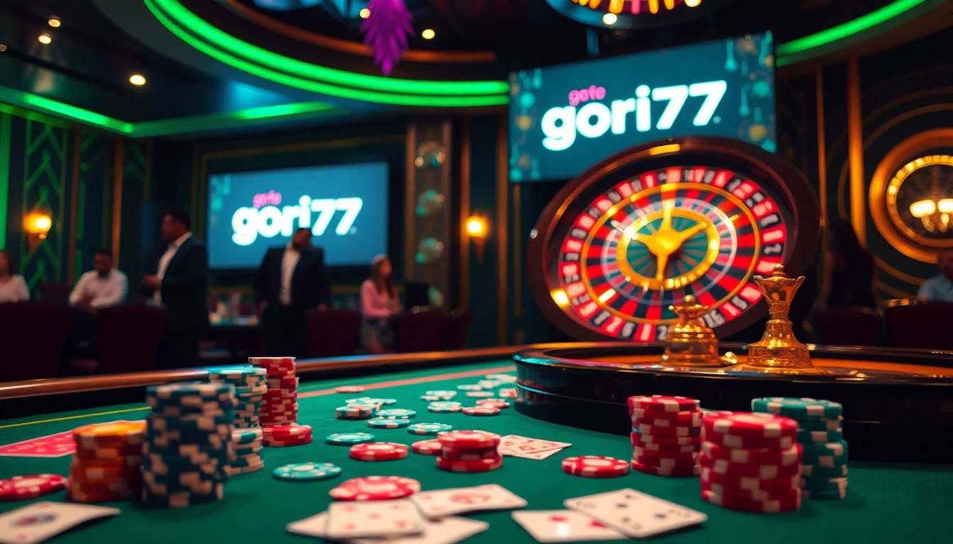 Experience the excitement of gambling at gori77, with colorful chips and a spinning roulette wheel in a luxurious casino setting.