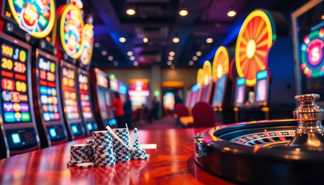 Situs bonus new member at a vibrant casino featuring players enjoying slot machines and a roulette wheel.