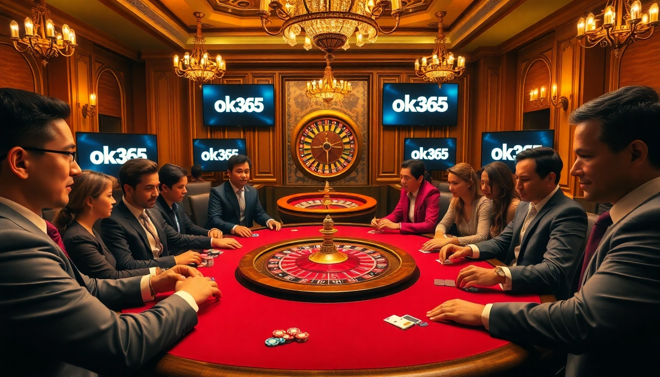 Players engaging in high-stakes poker at an elegant casino table featuring ok365.
