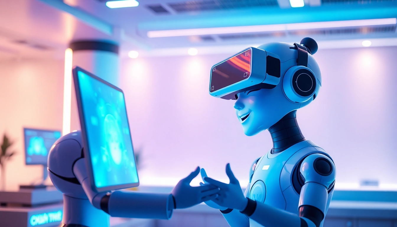 Engaging AI interaction scene showcasing crush on ai with a digital character and user in a vibrant, futuristic setting.