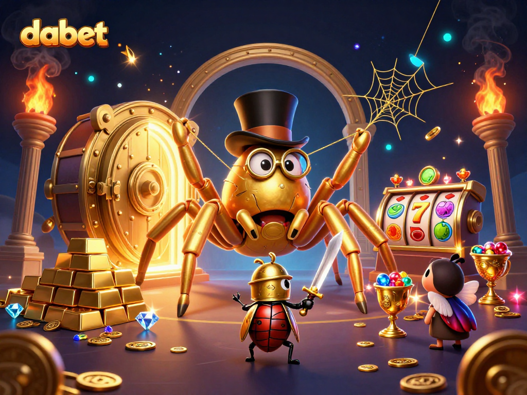dabet showcases a golden tarantula and a brave beetle knight amidst a vibrant casino scene.