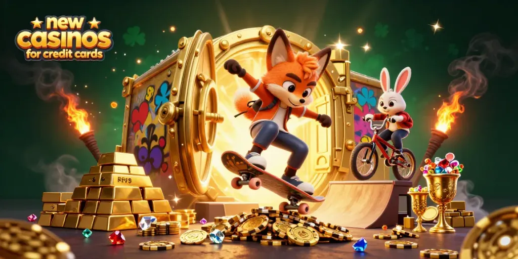 Engage with new casinos for credit cards showcasing a skateboard fox and BMX rabbit in a vibrant casino scene.