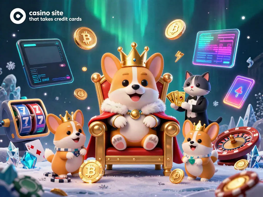 Experience the excitement of a casino site that takes credit cards featuring a royal corgi on a throne with gaming elements, captivating and colorful.