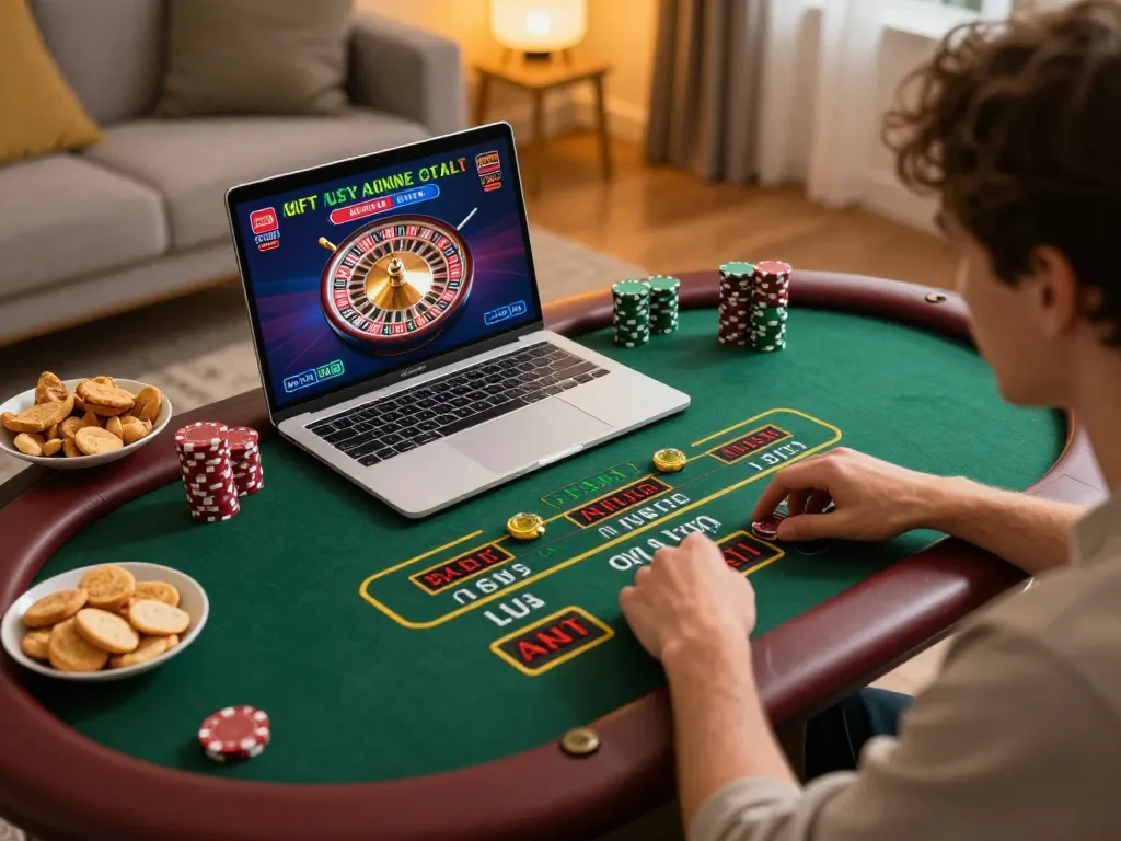 Engaged player using tr88 for live dealer roulette at home with warm lighting and cozy setup.