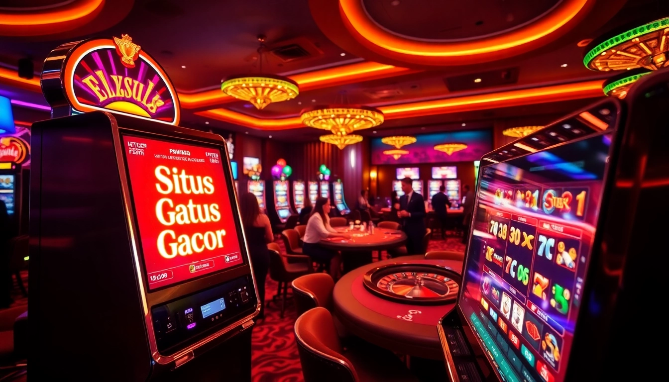 Experience the thrill of Situs Gacor at a vibrant casino, with players enjoying high-tech slot machines.