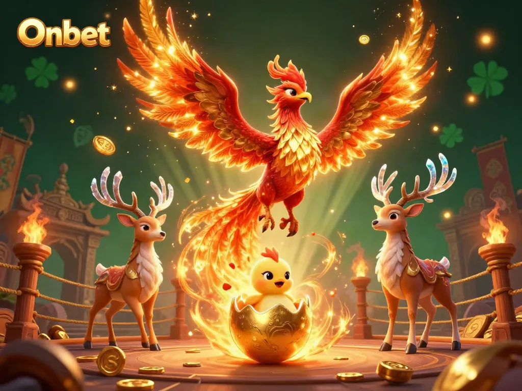 Experience thrilling gaming action with Onbet's vibrant phoenix illustration featuring dynamic casino elements.