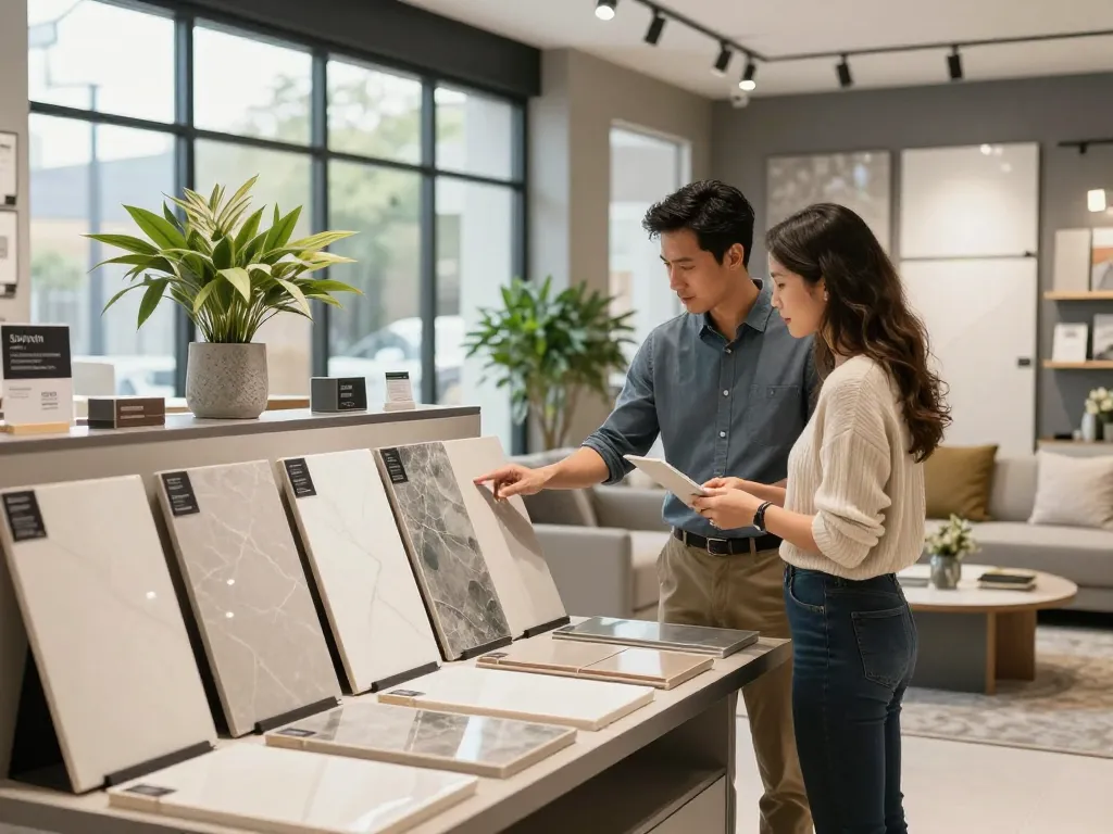 Sunvin ceramic tiles displayed in an upscale showroom with customer interaction.