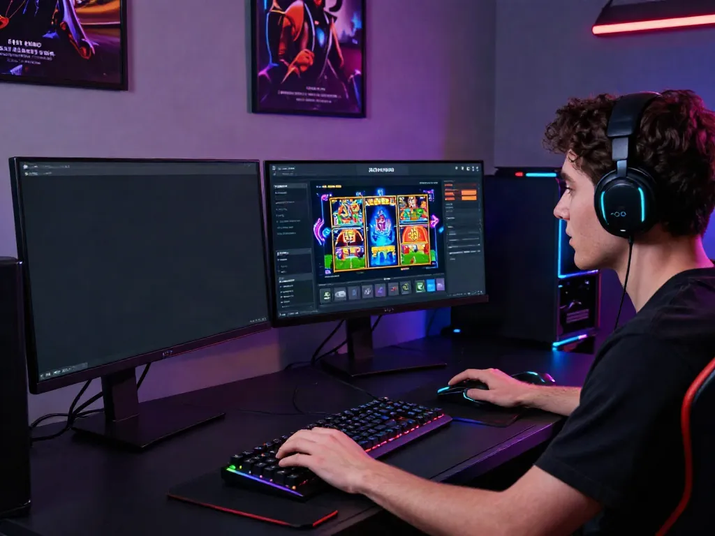 A user playing on A80 gaming platform with colorful slot games and modern gaming setup.