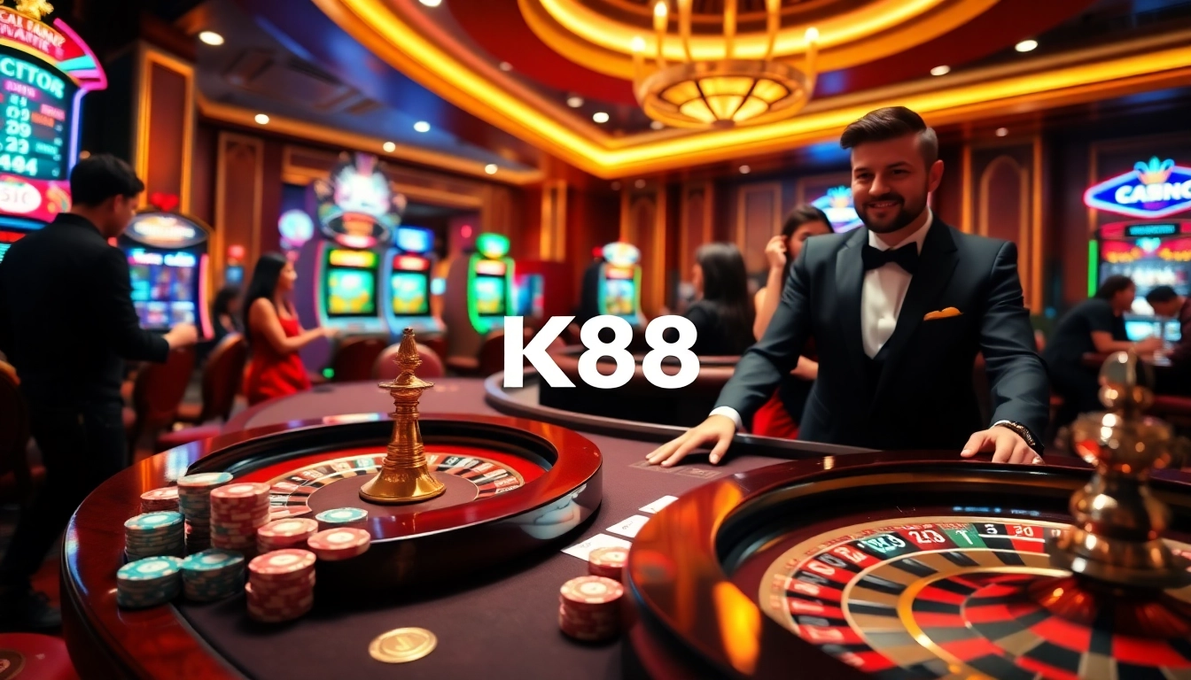 K88 Casino featuring stylish dealer at a vibrant gaming table with roulette and cards.