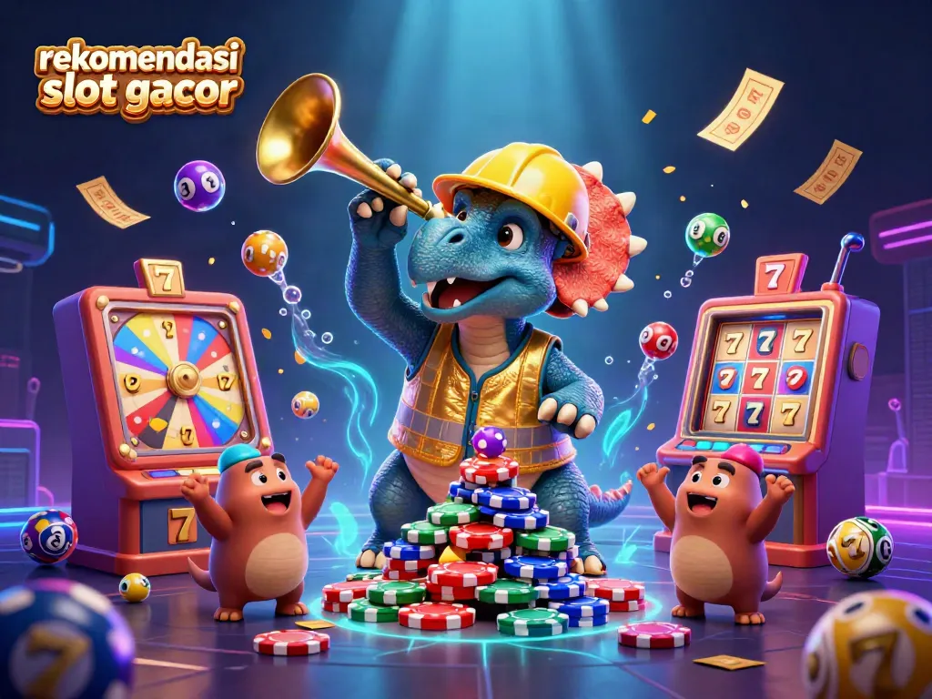 Menyaksikan rekomendasi slot gacor yang menarik dengan triceratops membangun tumpukan chip poker di tengah permainan kasino.