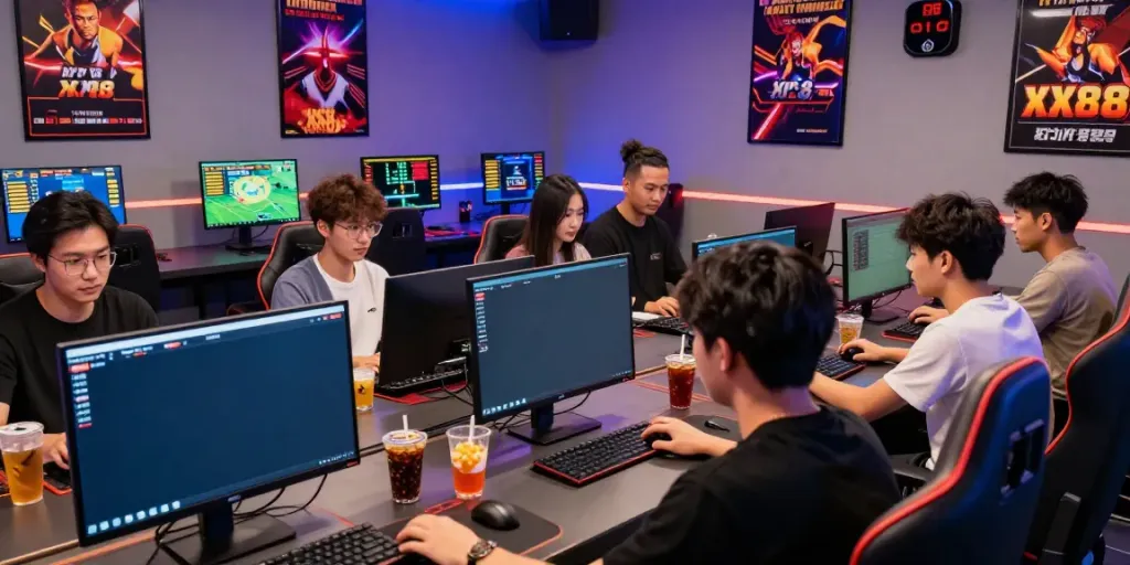 Players engaging in online betting at XX88 gaming studio, showcasing excitement and modern gaming technology.