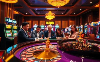 K88 branding showcased in a lively casino scene with players engaged around a roulette table, expressing thrill.