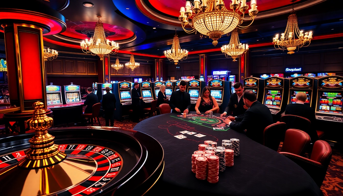 SODO casino scene showcasing poker players, roulette wheel, and vibrant slot machines.