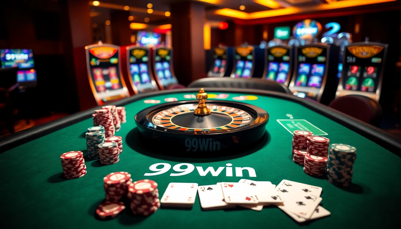 Experience the excitement of 99win at a vibrant casino table with roulette and poker chips.