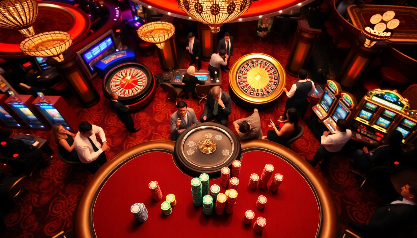 Engaging scene at NK88 casino with players enjoying poker and roulette.