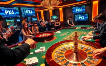 Players engaged in high-stakes gaming at an elegant casino table featuring PXJ elements and vibrant poker chips.