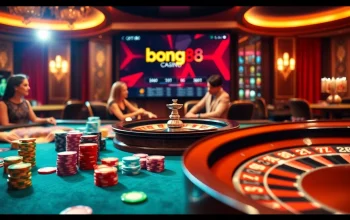 Experience the thrill of https://bong88.casa/ with an exciting casino scene showcasing vibrant poker chips and a roulette wheel.