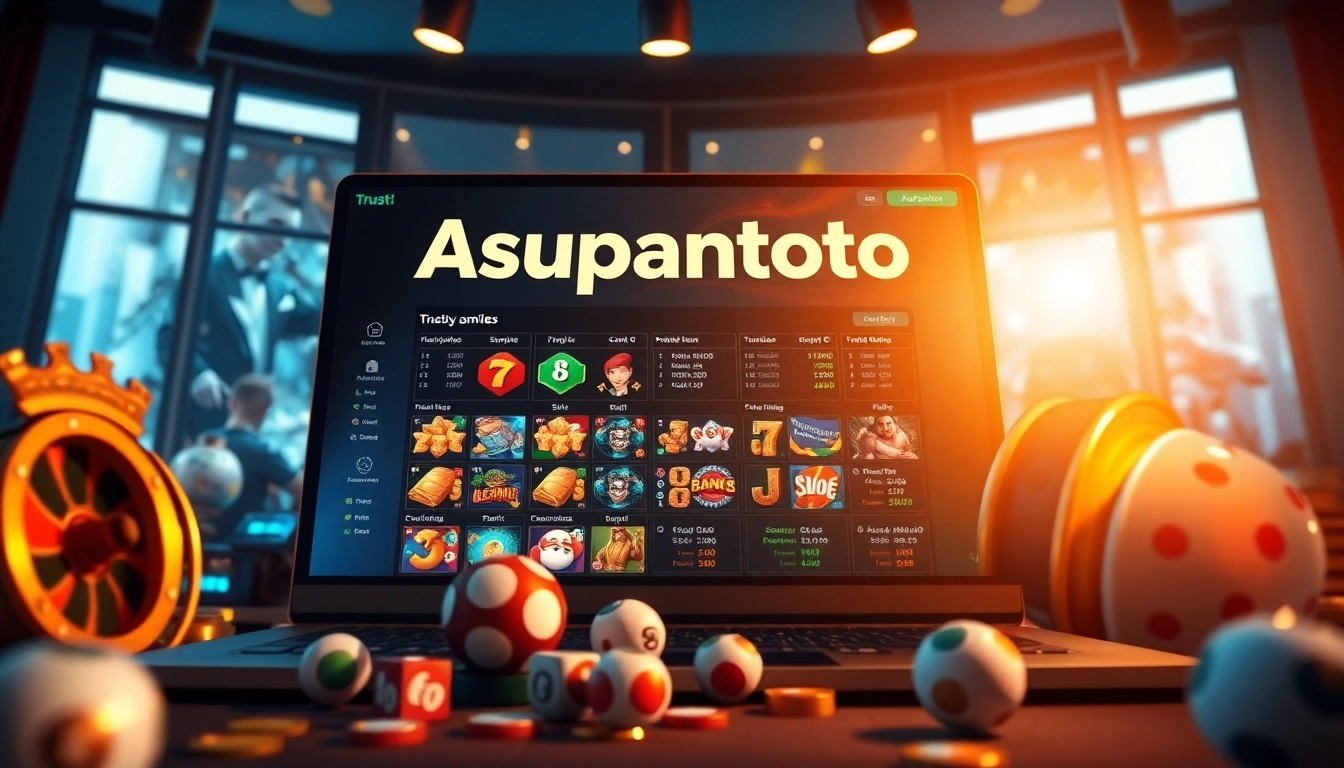 Asupantoto engaging online gambling interface featuring vibrant slot games and lottery results.