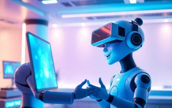 Engaging AI interaction scene showcasing crush on ai with a digital character and user in a vibrant, futuristic setting.
