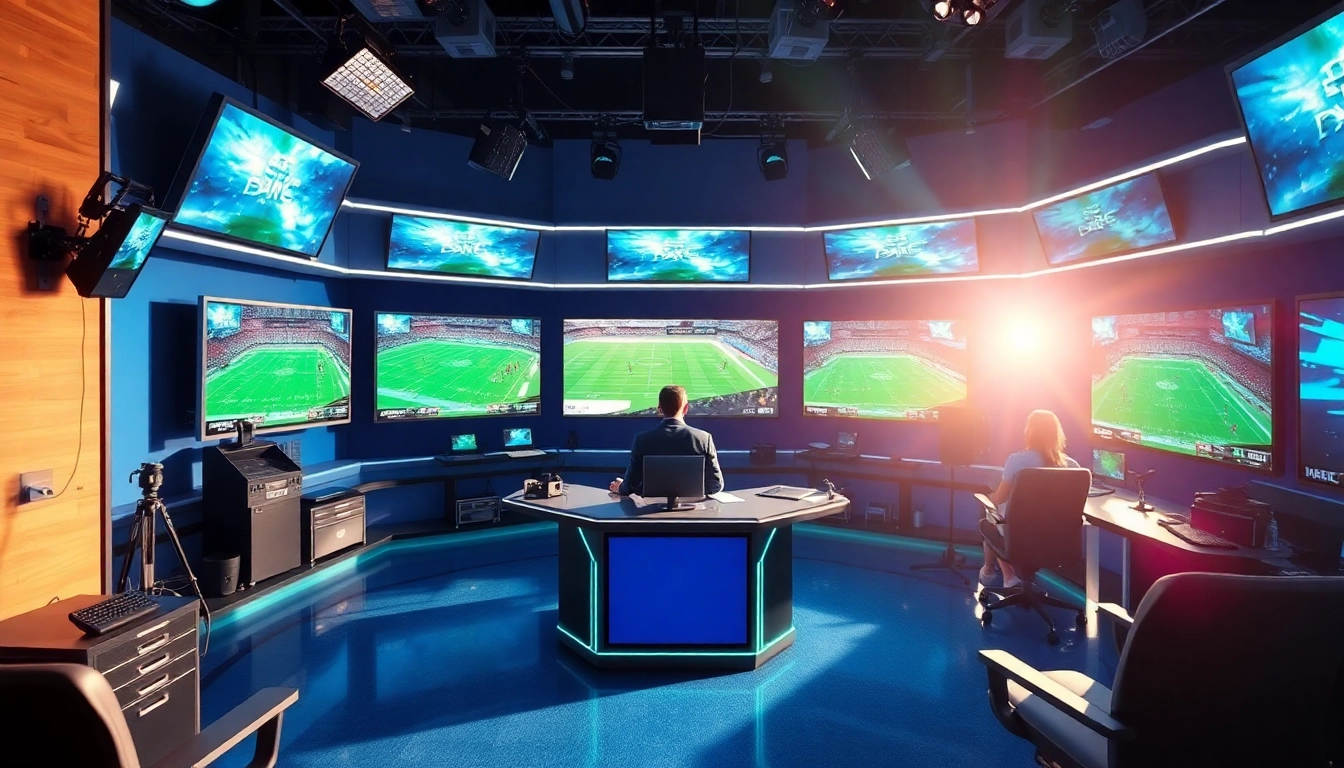 Engaging commentator in a professional sports broadcasting studio with advanced technology.